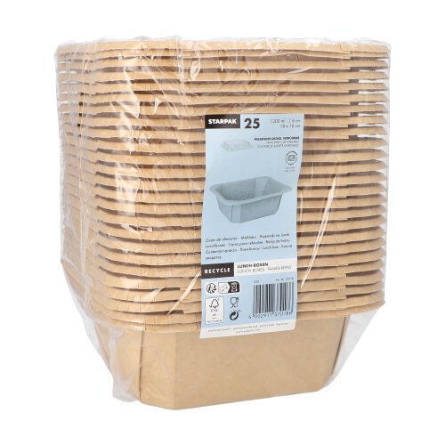 Na imagem, uma pilha de Starpak 25 Lunchboxen, Pappe eckig, envolta em película plástica. Na frente, há um rótulo branco com a marca Starpak, detalhes do produto, código de barras, símbolos de reciclagem e a imagem de uma caixa aberta.