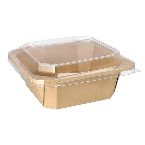 As Starpak 25 Lunchboxen de cartão castanho ecológico com tampa de plástico transparente são apresentadas aqui vazias, fechadas e sobre fundo branco.