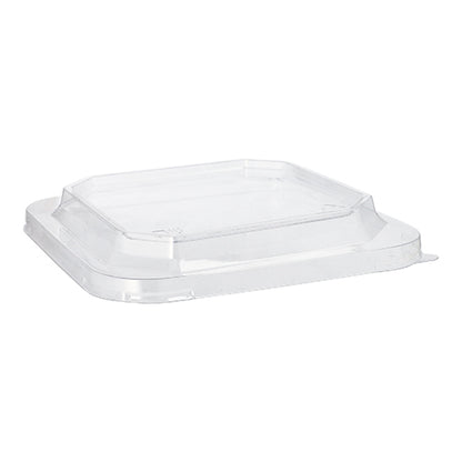 A tampa Starpak 25 para lancheiras PET retangular transparente, uma tampa retangular transparente com centro elevado e lados angulados da Starpak, é exibida contra um fundo branco.