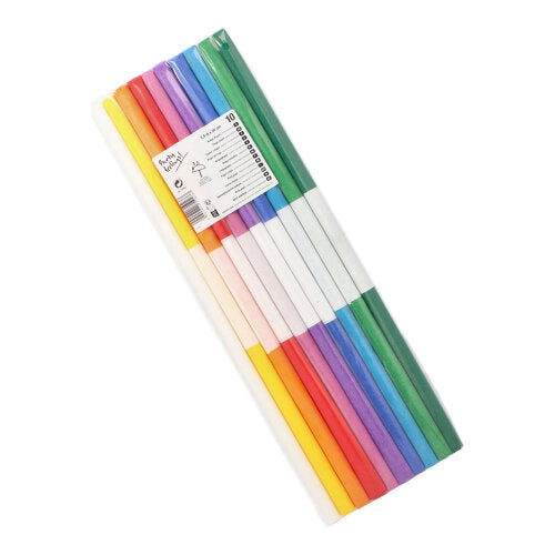 PAPSTAR papel crepom colorido sortido, 10 unidades, à prova d'água (2,5 m x 50 cm), ideal para decoração de festas ou projetos de artesanato em cores vivas. Embalado em folha com etiqueta branca de PAPSTAR GmbH.
