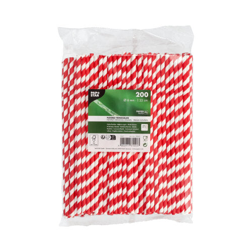 Um saco plástico transparente contém 200 PAPSTAR palhinhas de papel vermelho/branco "Stripes", flexíveis, 22 cm. O rótulo da PAPSTAR GmbH mostra o tamanho e o material de papel ecológico sobre um fundo branco.
