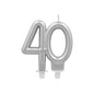 Die PAPSTAR Jubiläumskerzen mit Halter 7 cm "silber" von der PAPSTAR GmbH ist eine silberne Geburtstagskerze in Form der Zahl 40 mit einem Halter zum einfachen Aufstellen auf Torten - ideal für besondere Feierlichkeiten.