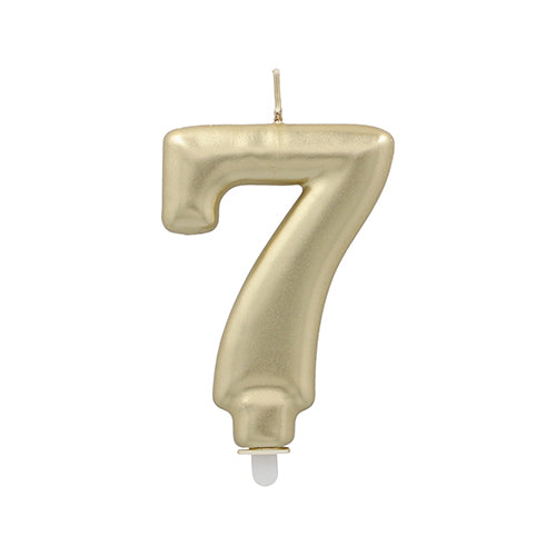 Die PAPSTAR GmbH Zahlenkerze mit Halter 7 cm "gold" ist eine goldfarbene Zahlenkerze mit einem Spitzendocht und einem weißen Stielfuß zum einfachen Einstecken.