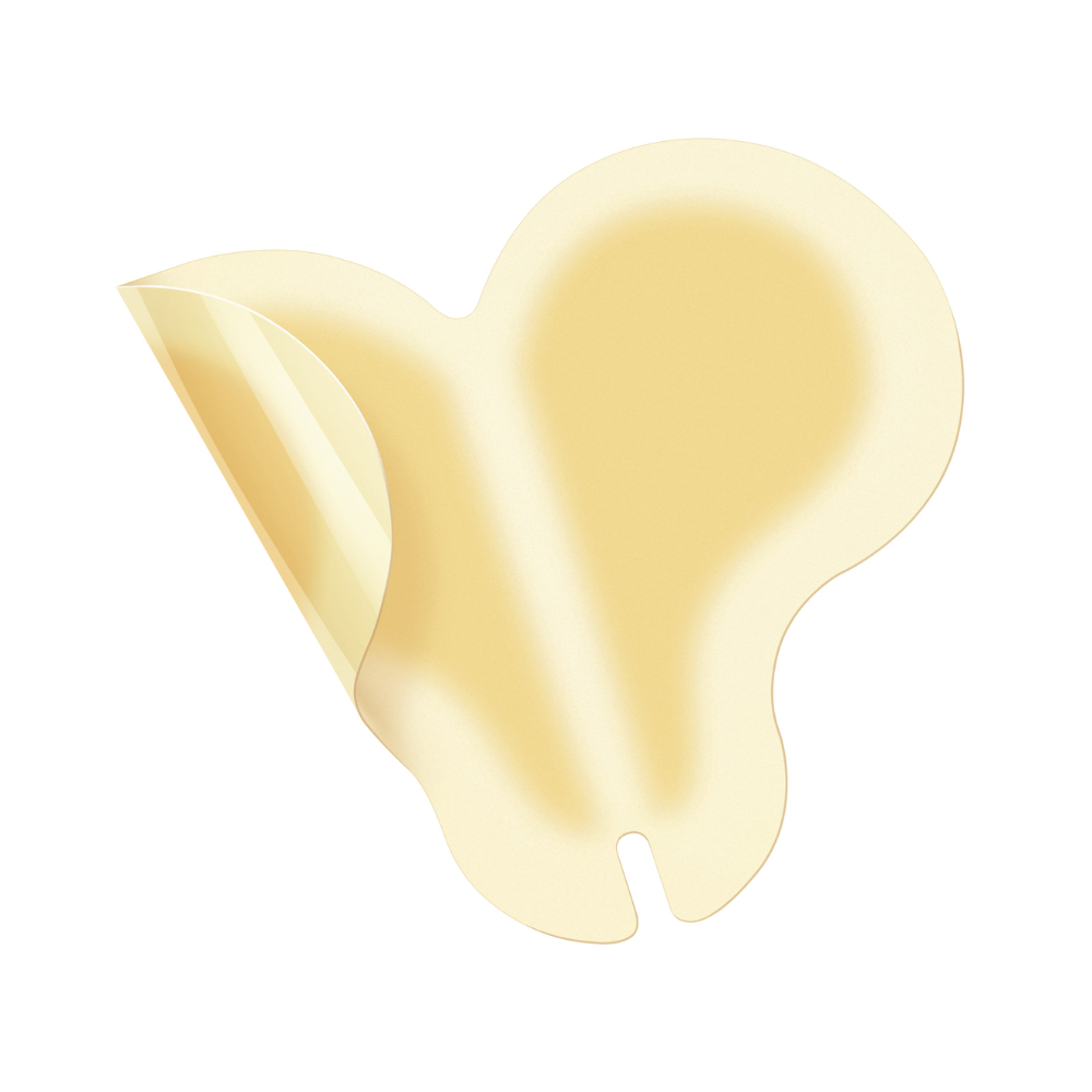 Sobre um fundo branco, pode-se ver um curativo Hartmann Hydrocoll Classic Sacral individual (12 x 18 cm, bege, em forma de borboleta) da Paul Hartmann AG parcialmente removido do suporte para tratamento úmido de feridas. A embalagem contém 5 unidades.