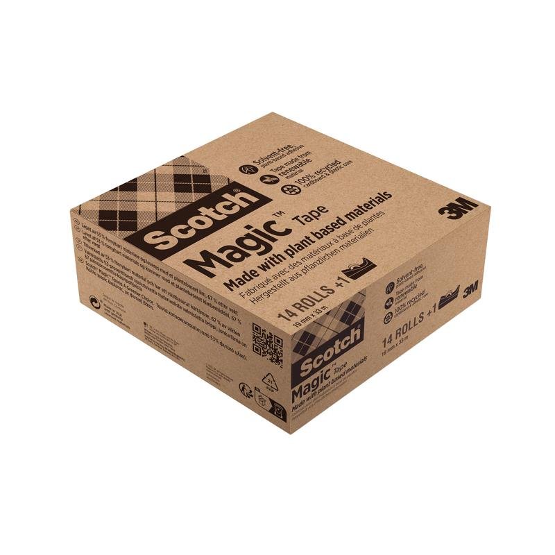 Um pacote da 3M Deutschland GmbH contém 14 rolos de fita adesiva Scotch® Magic™ (19 mm x 33 m, fabricado com 66% adesivo vegetal) mais um DISPENSADOR Scotch® preto GRÁTIS C38. A embalagem informa sobre o produto e destaca o dispensador bônus.