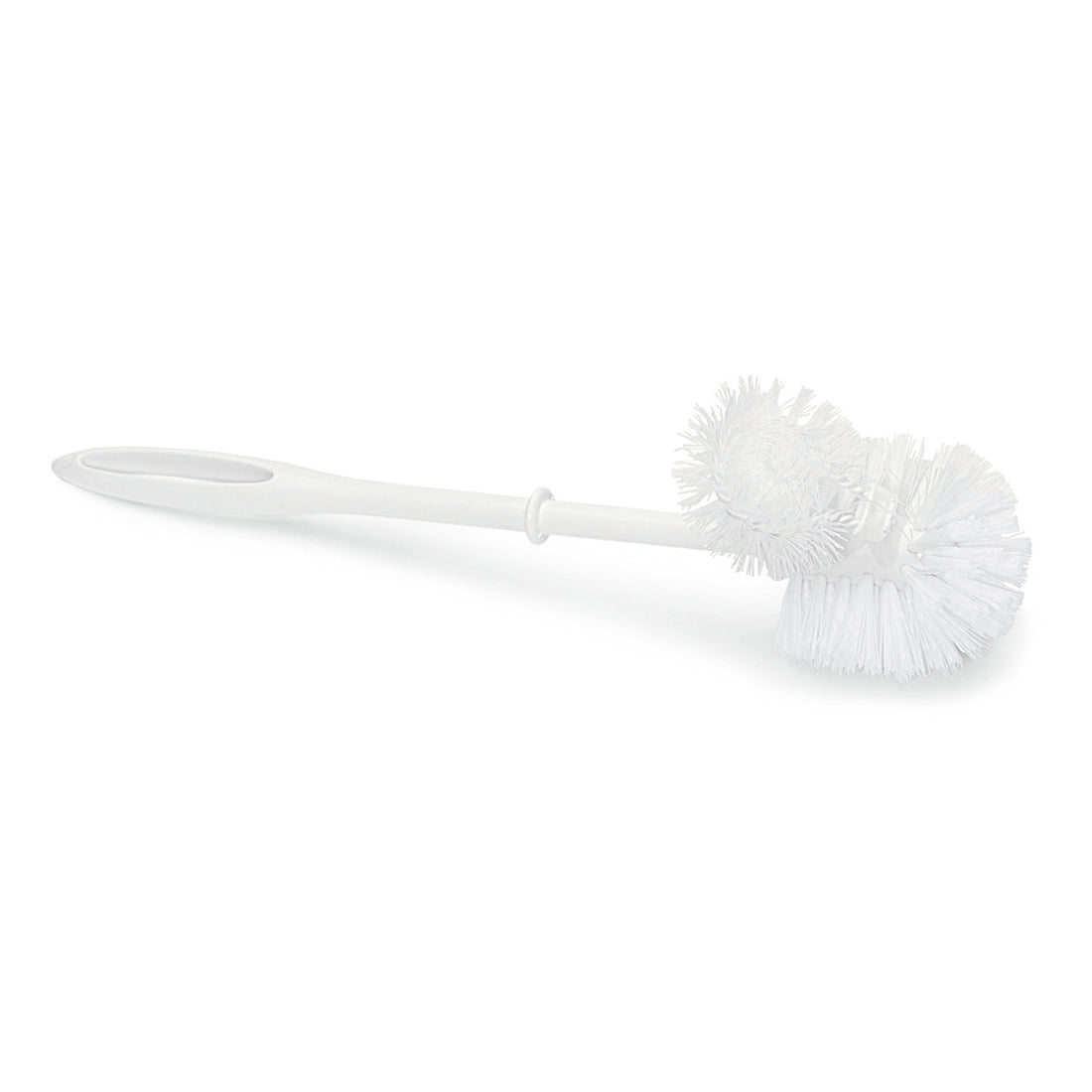 Uma escova de WC Nölle Profi Brush com limpador de bordas (38 cm, cerdas de PP) da Nölle Profi Brush Bürsten- & Pinseltechnik e.K. com cabo longo branco, cabeça dupla grande e pequena, está sobre um fundo branco.