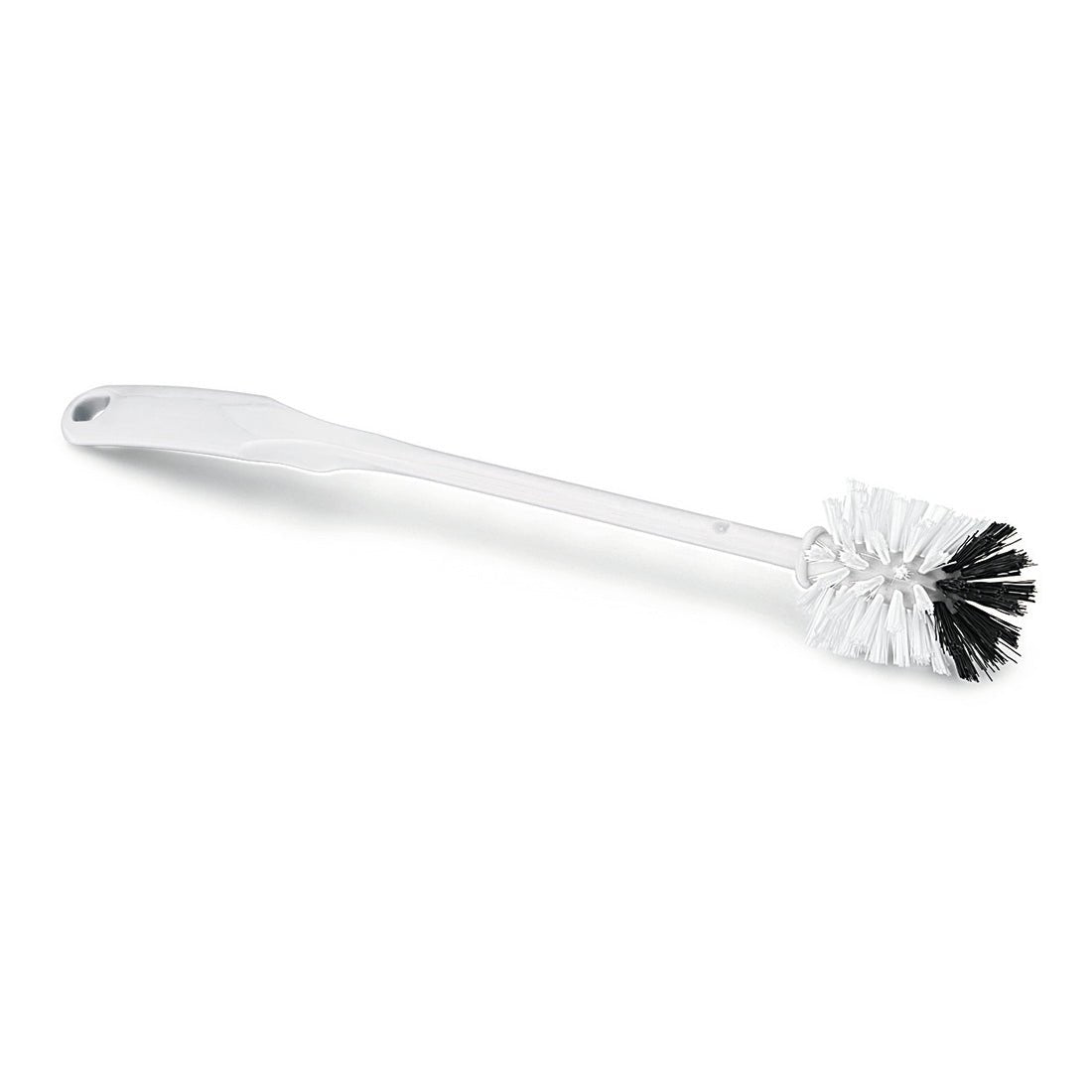 O Nölle Profi Brush Desentupidor de Ralo (Ø 140 mm, 35 cm, TPE) da Nölle Profi Brush Bürsten- & Pinseltechnik e.K. é uma escova de lavar branca feita de plástico com cabo longo e cabeça redonda com cerdas brancas e pretas sobre um fundo de cor única.