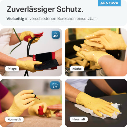 Vier Bilder zeigen ARNOMED NITRIL SUNFLOWER YELLOW Einmalhandschuhe aus Nitril Gelb von ARNOWA GmbH zur Blutdruckkontrolle, Lebensmittelzubereitung, Kosmetik und Reinigung. Ihr latexfreies Material sorgt für zuverlässigen, vielseitigen Schutz.