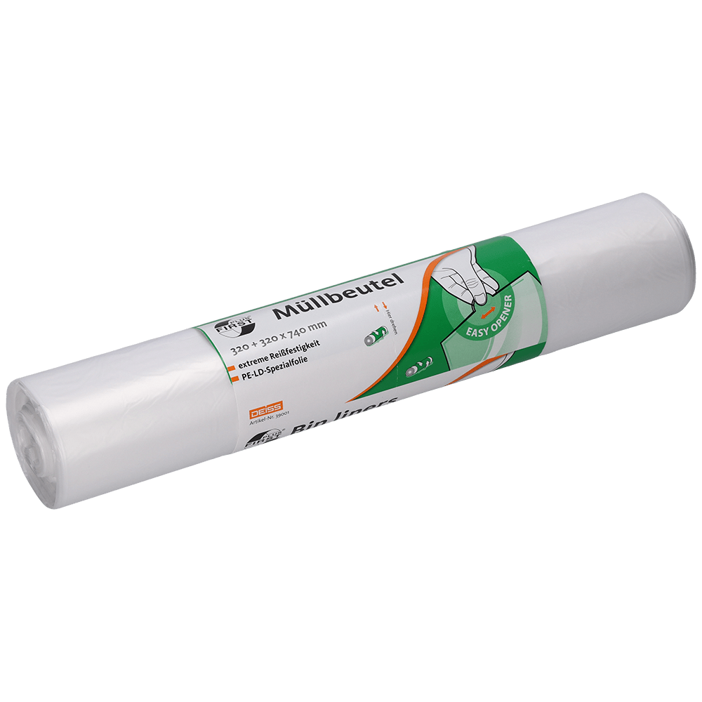 A imagem mostra uma embalagem com 50 sacos de lixo transparentes DEISS 39001 (320+320x740 mm) da EMIL DEISS KG. A embalagem apresenta etiquetas verdes e laranja com texto em alemão e um gráfico de mão para facilitar a remoção dos sacos.