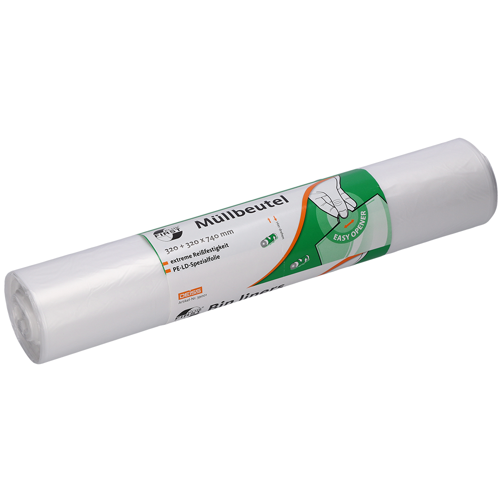 Abgebildet ist eine Packung mit 50 transparenten DEISS 39001 Müllbeuteln (320+320x740 mm) der EMIL DEISS KG. Die Verpackung zeigt grüne und orangefarbene Etiketten mit deutschem Text und einer Handgrafik zur einfachen Beutelentnahme.