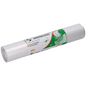 A imagem mostra uma embalagem com 50 sacos de lixo transparentes DEISS 39001 (320+320x740 mm) da EMIL DEISS KG. A embalagem apresenta etiquetas verdes e laranja com texto em alemão e um gráfico de mão para facilitar a remoção dos sacos.