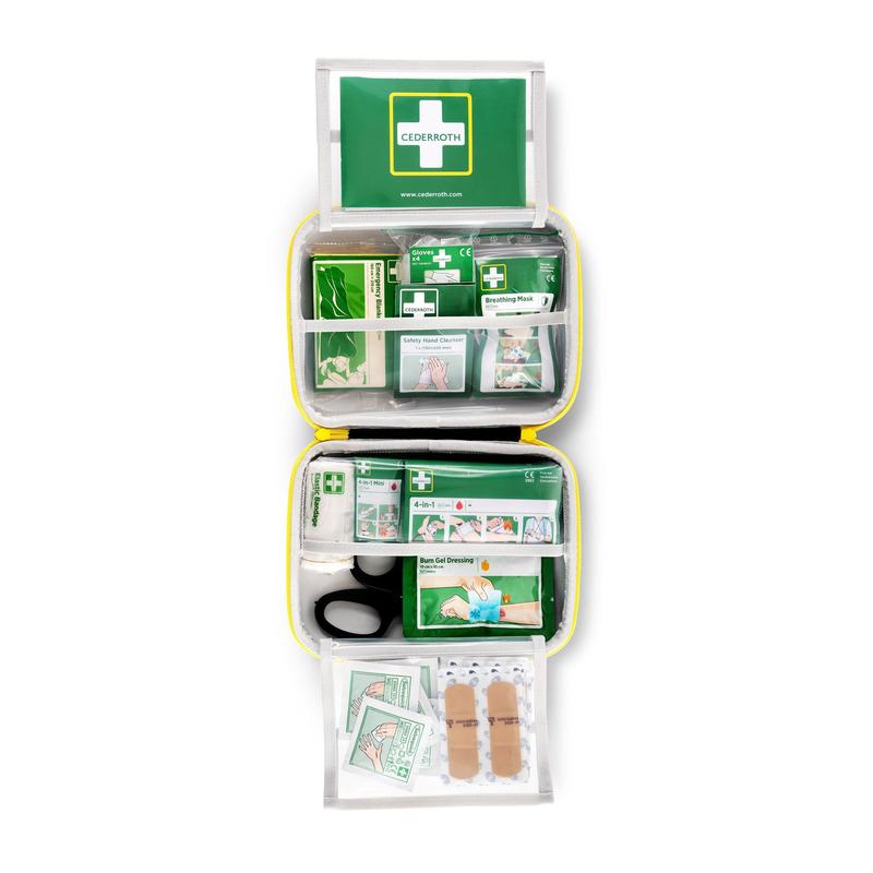 O kit de primeiros socorros MEDIUM da Orkla Wound Care AB oferece em um estojo macio e compacto compartimentos rotulados com ligaduras, máscara de ventilação, tesoura, limpador de feridas, gel para queimaduras e pensos - organizados de forma clara.