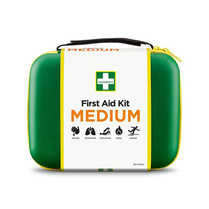 O kit de primeiros socorros MEDIUM da Orkla Wound Care AB (1 peça) é um kit de primeiros socorros verde-amarelo com símbolos para feridas, respiração, circulação, queimaduras e entorses. Possui um fecho de correr e uma alça de transporte na parte superior.