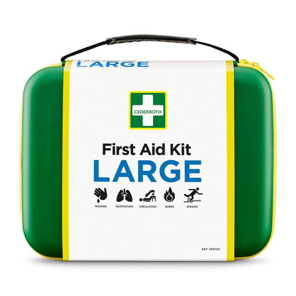 O kit de primeiros socorros GROSS verde-amarelo da Orkla Wound Care AB (1 unidade) possui símbolos de feridas, respiração, circulação, queimaduras e entorses na frente, assim como uma alça preta e uma etiqueta branca para um auxílio rápido em emergências.