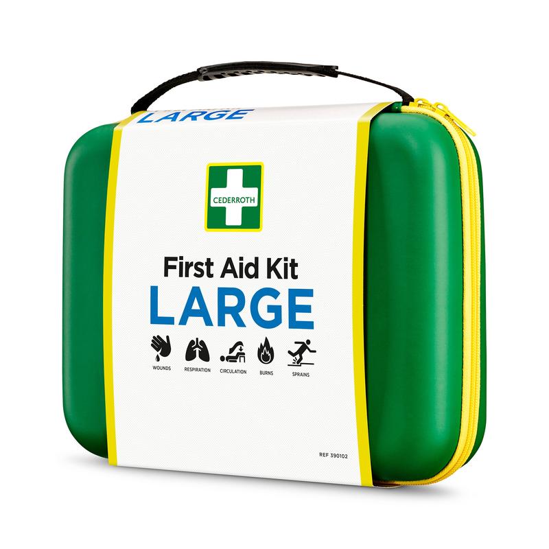 Um kit de primeiros socorros GROSS da Orkla Wound Care AB verde-amarelo com capa dura (1 unidade) com alça preta e fecho amarelo, rotulado com "First Aid Kit LARGE", concebido para emergências como feridas, queimaduras, entorses, circulação e respiração.