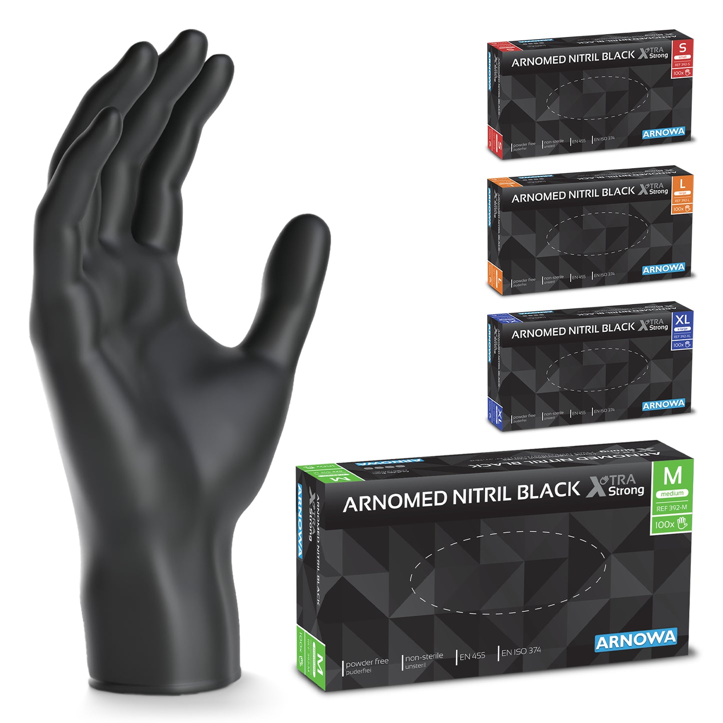 Uma luva descartável de nitrilo preta está em pé ao lado de quatro caixas "ARNOWA GmbH ARNOMED NITRIL BLACK XTRA STRONG Luvas descartáveis extra grossas de nitrilo em preto" em S (vermelho), M (verde), L (laranja) e XL (azul); à frente, a caixa verde extra grossa.
