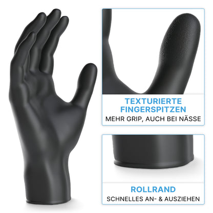 A ARNOMED NITRIL BLACK XTRA STRONG da ARNOWA GmbH é uma luva descartável preta extra grossa de nitrilo com pontas dos dedos texturizadas para uma aderência ideal e borda enrolada para colocação e remoção rápidas.