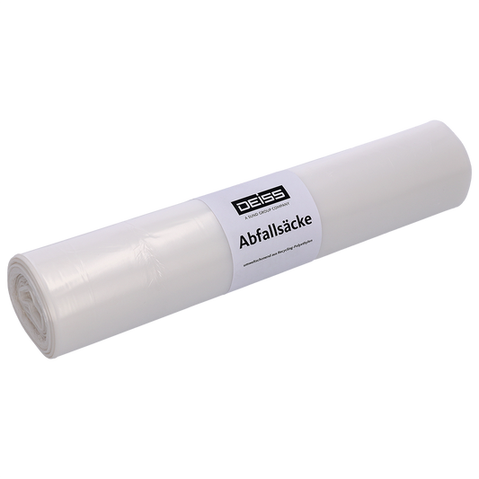 Abgebildet ist eine 25er-Packung DEISS 39321 Müllsäcke (700x1100 mm, Typ 60, transparent-klar) der EMIL DEISS KG (GmbH + Co.) in klarer Kunststoffverpackung auf einfarbig weißem Hintergrund.