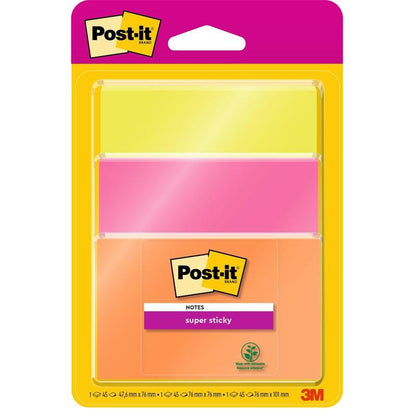 Uma embalagem de Notas Adesivas Super Sticky Post-it® da 3M Deutschland GmbH contém 3 blocos certificados PEFC (76x76 mm, 45 folhas cada) em várias cores. A embalagem exibe a marca Post-it® e o rótulo de notas adesivas com o logotipo 3M.