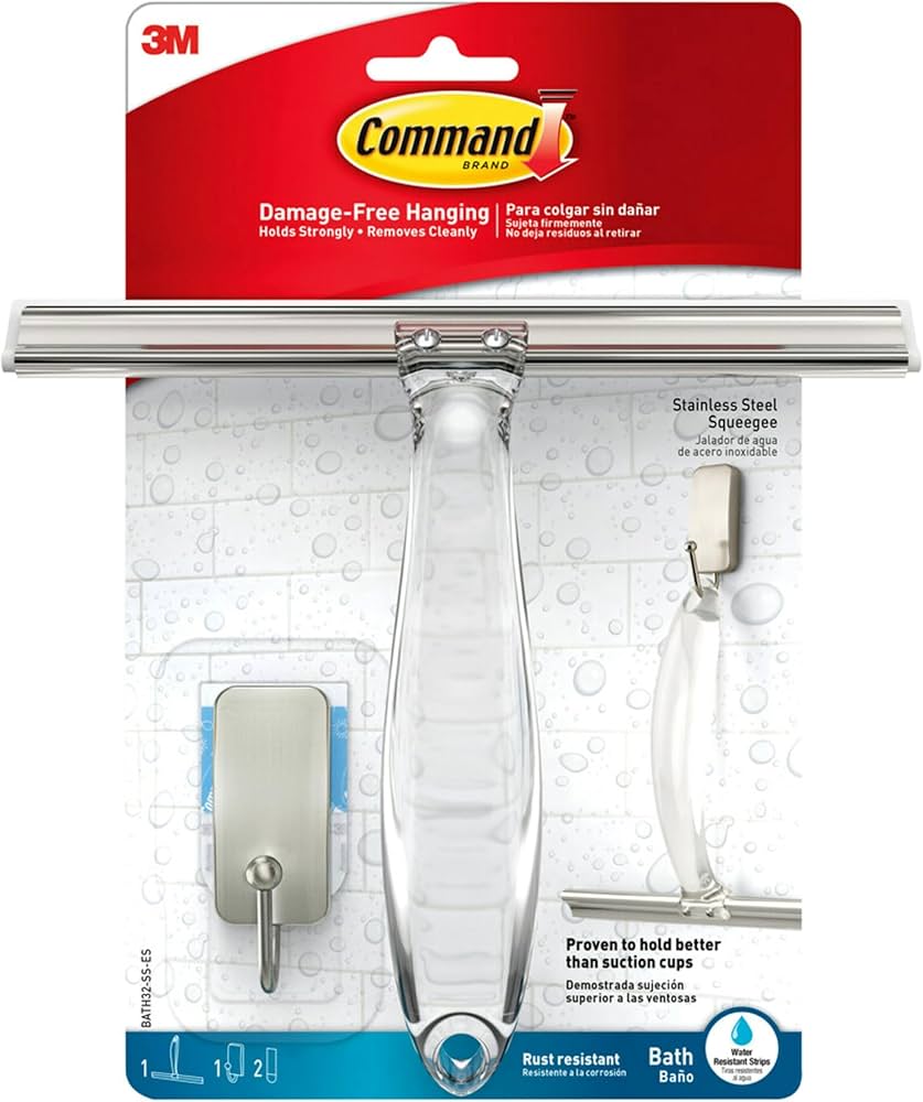 Rodo de banho e chuveiro Command™, aço inoxidável e níquel acetinado BATH32, 1 rodo + 1HK + 2 tiras S | Pacote (1 conjunto)