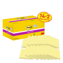 Eine gelbe Schachtel Post-it® Super Sticky Notes, Gelb, 76 x 76 mm (14 Blöcke + 2 Gratis/Packung, 90 Blatt/Block, 100% PEFC), von 3M Deutschland GmbH, mit sechzehn Haftnotizen gelb vorne angeordnet.