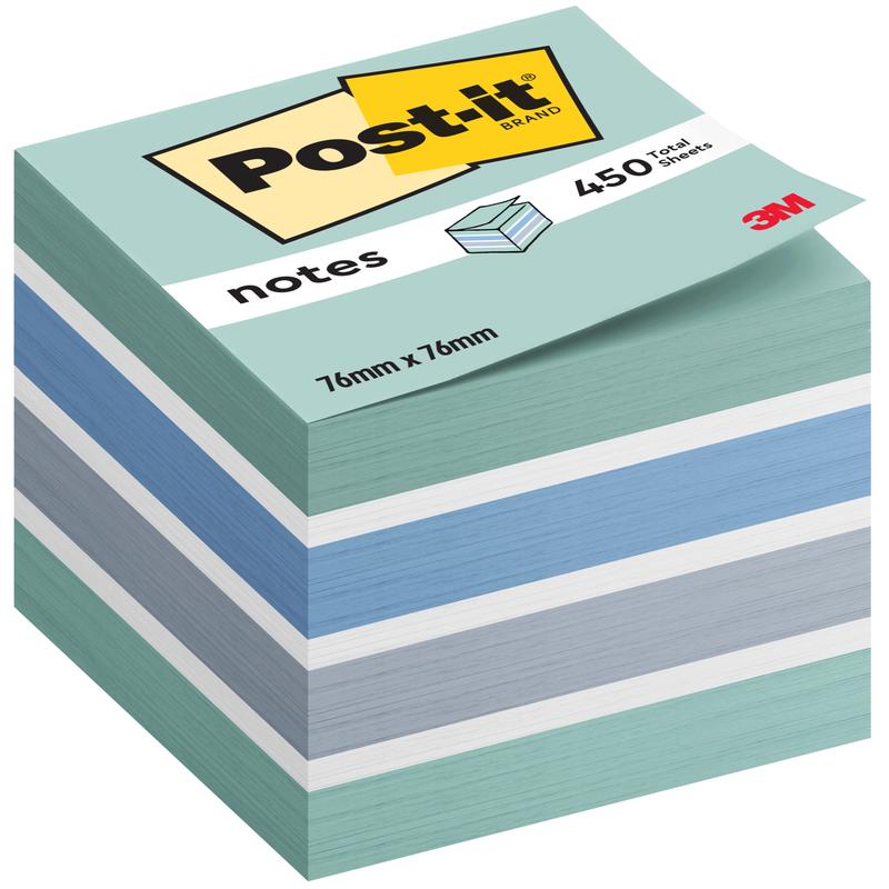 Uma foto vertical de um bloco de notas Post-it® da 3M Deutschland GmbH mostra notas azuis, brancas e verdes no formato 76 x 76 mm com 450 folhas por bloco. A embalagem exibe o logotipo da marca e "100% PEFC".