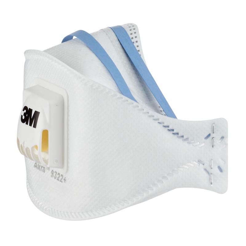 A 3M™ Aura™ Comfort Cool Flow™ Máscara de Partículas 9322+ (FFP2) da 3M Deutschland GmbH tem um design branco, uma válvula, faixas elásticas azuis para a cabeça e costuras visíveis, representadas em um fundo de cor sólida.