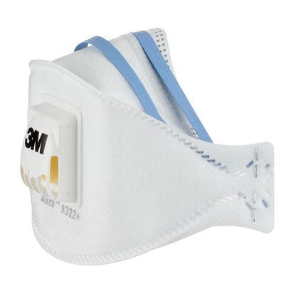 A 3M™ Aura™ Comfort Cool Flow™ Máscara de Partículas 9322+ (FFP2) da 3M Deutschland GmbH tem um design branco, uma válvula, faixas elásticas azuis para a cabeça e costuras visíveis, representadas em um fundo de cor sólida.