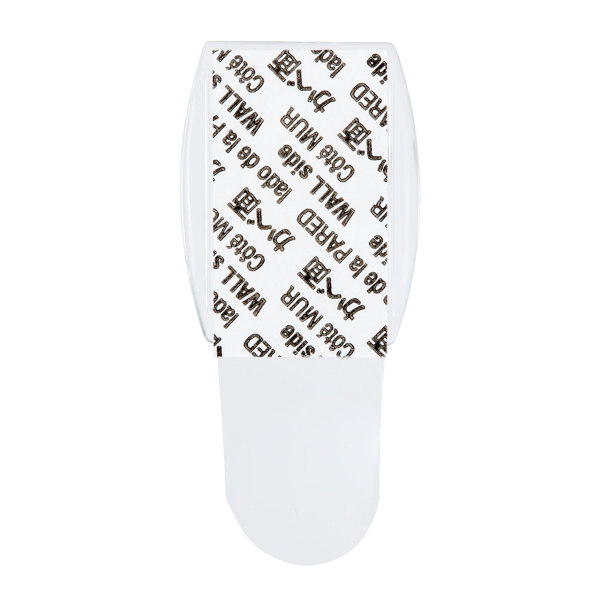 Ein 3M Command™ Mini-Haken, transparent (17006CLRFGN) von 3M Deutschland GmbH, ist von oben zu sehen - inkl. transparenter Strips mit "3M Command" und "WALL"-Aufdruck, ideal für Aufbewahrung ohne Bohren.