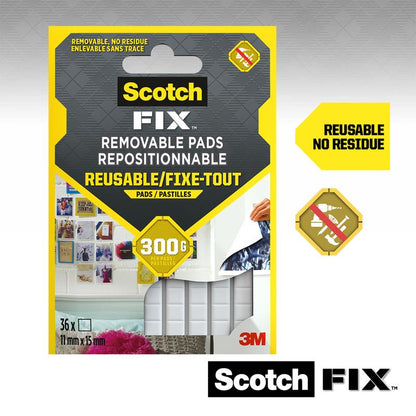 Mostra-se um pacote de Scotch-FIX™ Almofadas Adesivas Removíveis 301008C36-P da 3M Deutschland GmbH (11 mm x 15 mm, 36 unidades). A embalagem contém a indicação "Reutilizável, sem resíduos" e mostra almofadas adesivas brancas, ideais para fixar objetos sem danificar a parede.