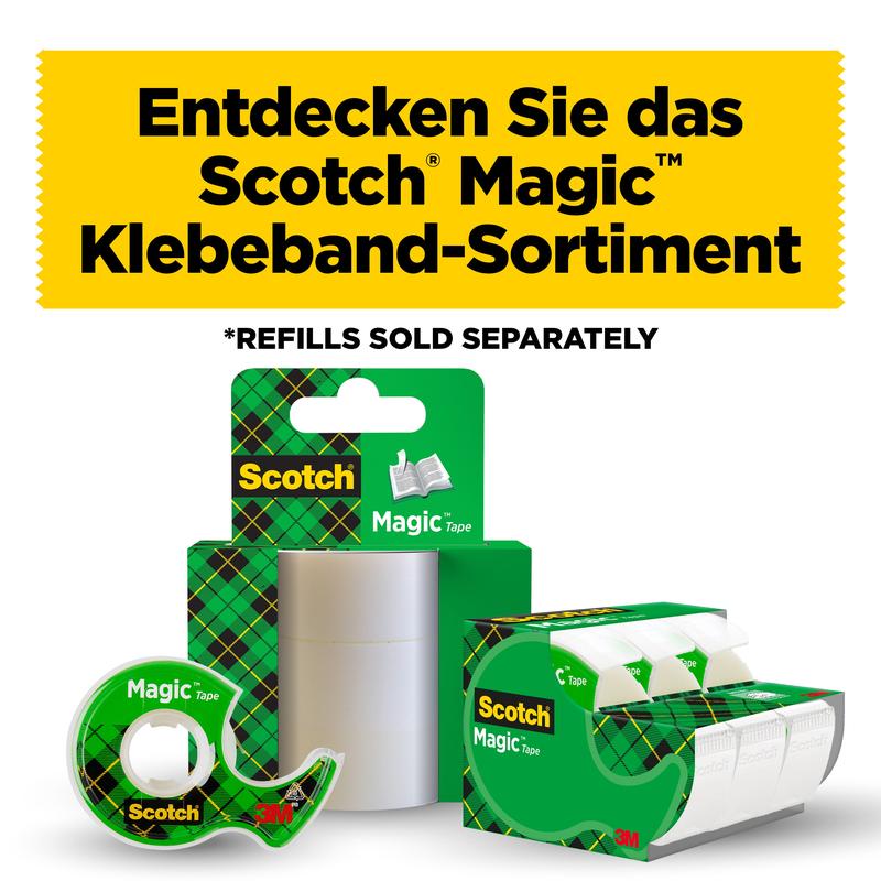 Texto em alemão: "Descubra a gama de fita adesiva invisível Scotch® Magic™ da 3M Deutschland GmbH." Três produtos estão ilustrados, incluindo a recarga 8-1925R3 (19 mm x 25 m, 3 rolos/embalagem). *RECARGAS DISPONÍVEIS SEPARADAMENTE.