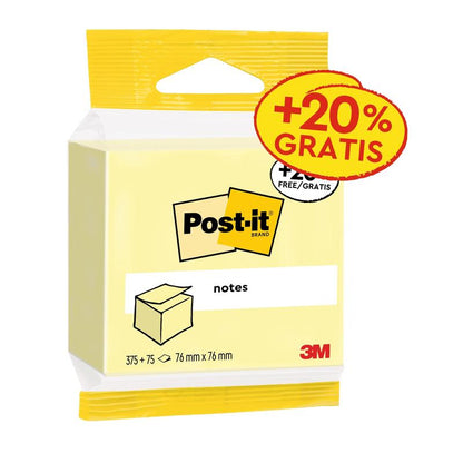 Um pacote de Notas 3M Post-it® amarelas, 76 mm x 76 mm, com 450 folhas por bloco (1 bloco/pacote), certificado PEFC (SGSCH-PEFC-COC-110078), da 3M Deutschland GmbH.