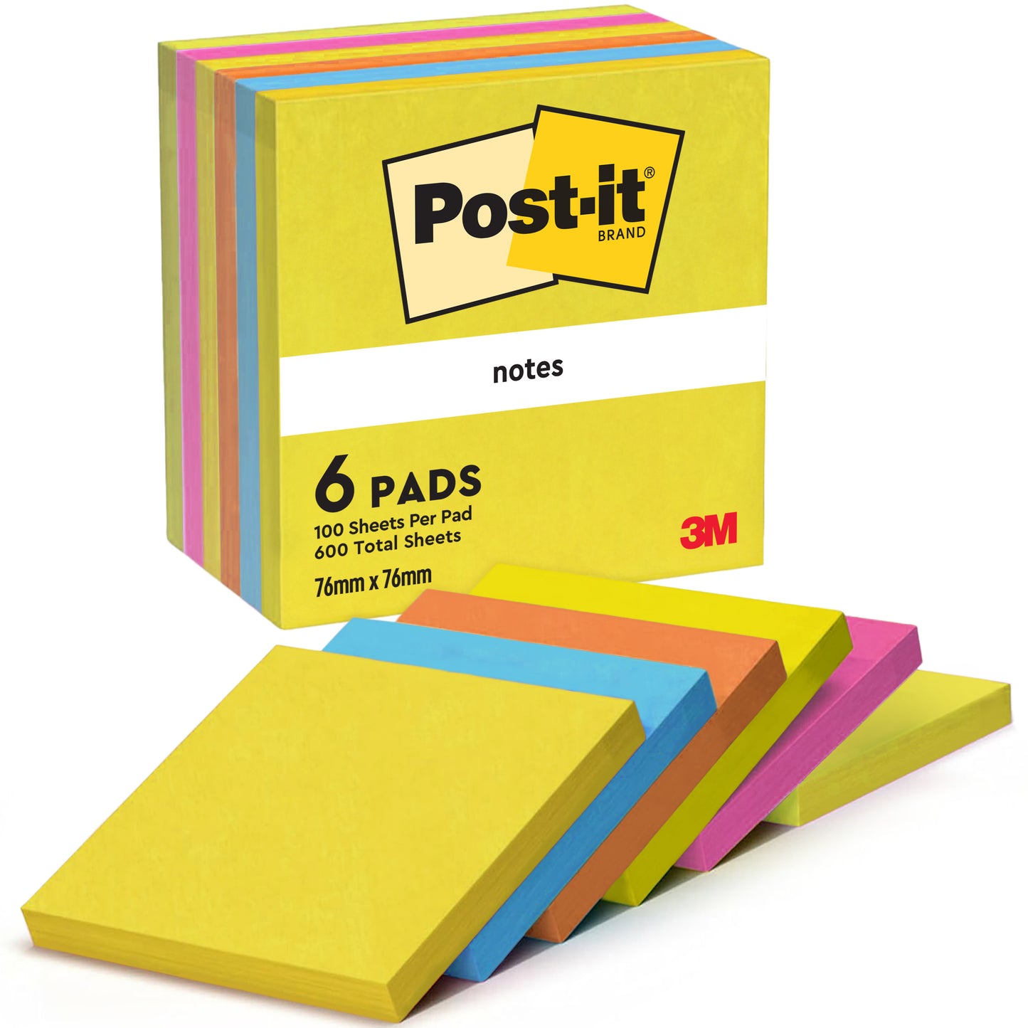 Um pacote de seis Post-it® Notes 76x76 mm da Energetic Collection da 3M Deutschland GmbH com 100 folhas certificadas PEFC cada (total de 600), sortidas por cores.
