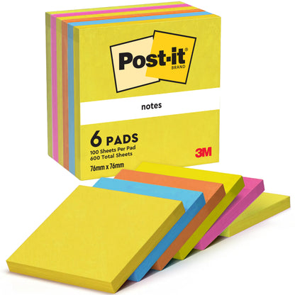 Um pacote de seis Post-it® Notes 76x76 mm da Energetic Collection da 3M Deutschland GmbH com 100 folhas certificadas PEFC cada (total de 600), sortidas por cores.