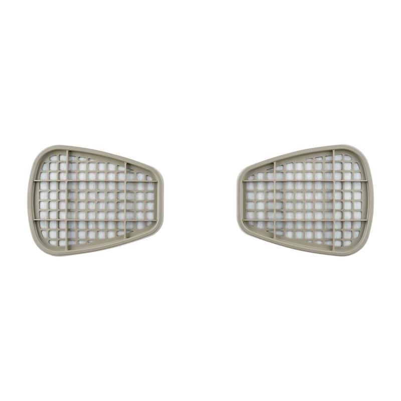 São mostrados dois cartuchos de filtro 3M™ 6055, A2 Vapores Orgânicos da 3M Deutschland GmbH lado a lado em fundo branco, cada um com uma cobertura de plástico cinza claro em forma de grade retangular ligeiramente curvada.