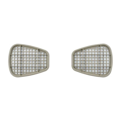 São mostrados dois cartuchos de filtro 3M™ 6055, A2 Vapores Orgânicos da 3M Deutschland GmbH lado a lado em fundo branco, cada um com uma cobertura de plástico cinza claro em forma de grade retangular ligeiramente curvada.