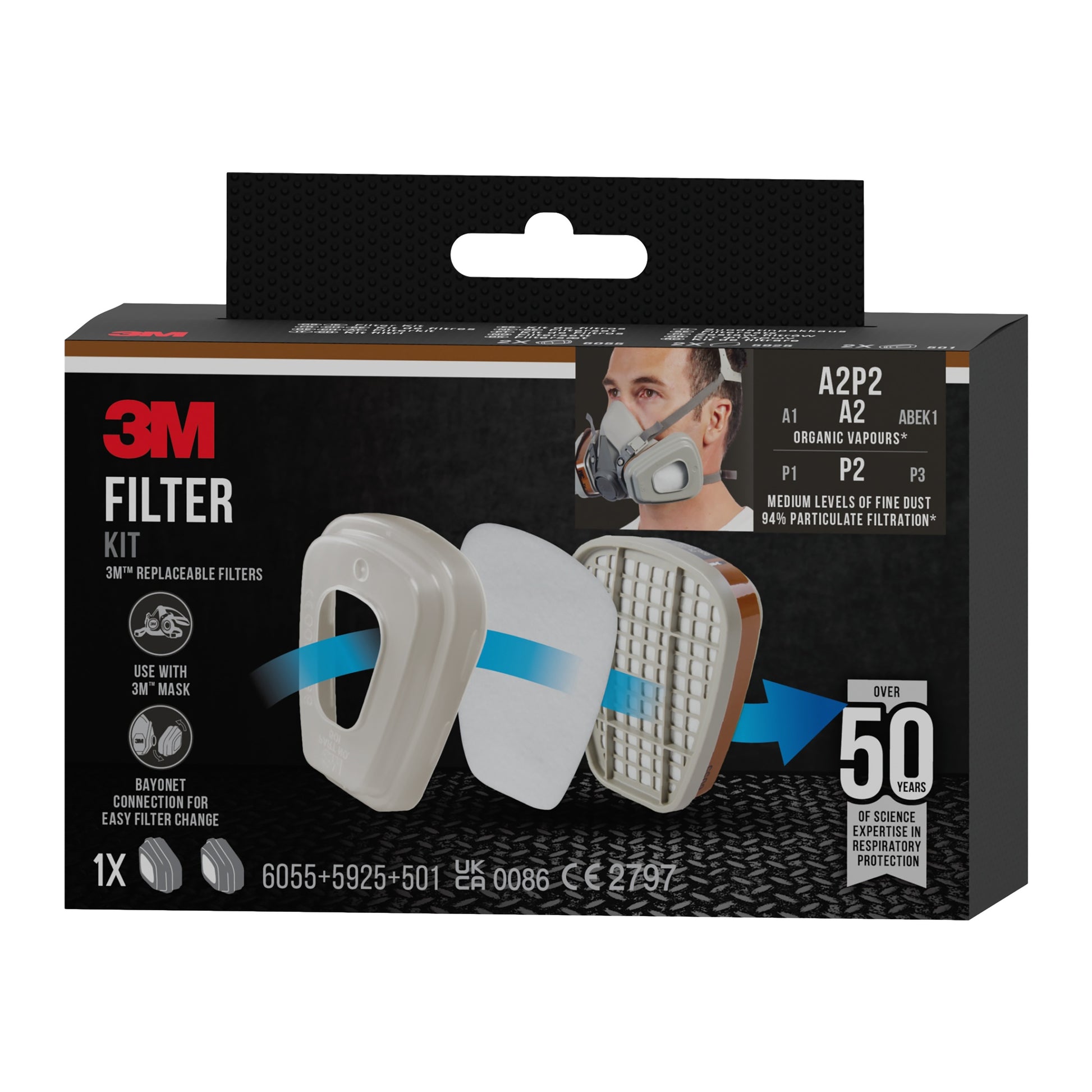 Der 3M™ Filtersatz 6002-1, A2P2 organische Dämpfe (2x6055, 2x5925, 2x501) der 3M Deutschland GmbH zeigt eine Atemschutzmaske, austauschbare Filter und Symbole, die auf über 50 Jahre Erfahrung im Atemschutz hinweisen.