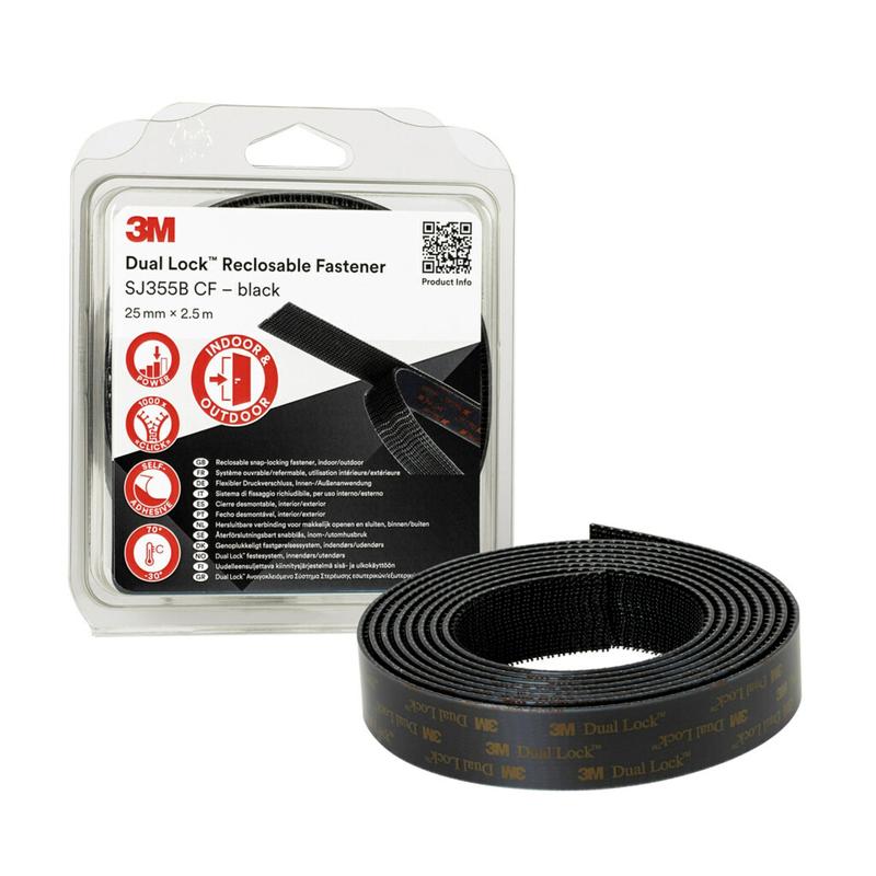 Fecho de pressão flexível 3M™ Dual Lock™ SJ355B, preto, 25 mm x 2,5 m, 5,7 mm, 40 cabeças/cm², embalado individualmente | Pacote (1 rolo)