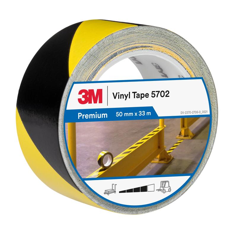 Fita de marcação de perigo 3M ™ 5702, amarela/preta, 50 mm x 33 m, 0,14 mm, embalada individualmente e de maneira conveniente | Pacote (1 rolo)
