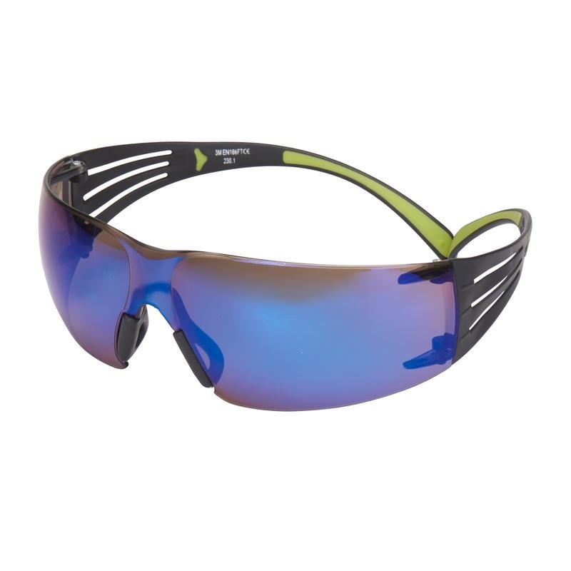 Óculos de segurança 3M™ SecureFit™ 400, hastes pretas/verdes, revestimento anti-riscos, lentes azuis, espelhadas, SF408AS-EU | Pacote (1 peça)