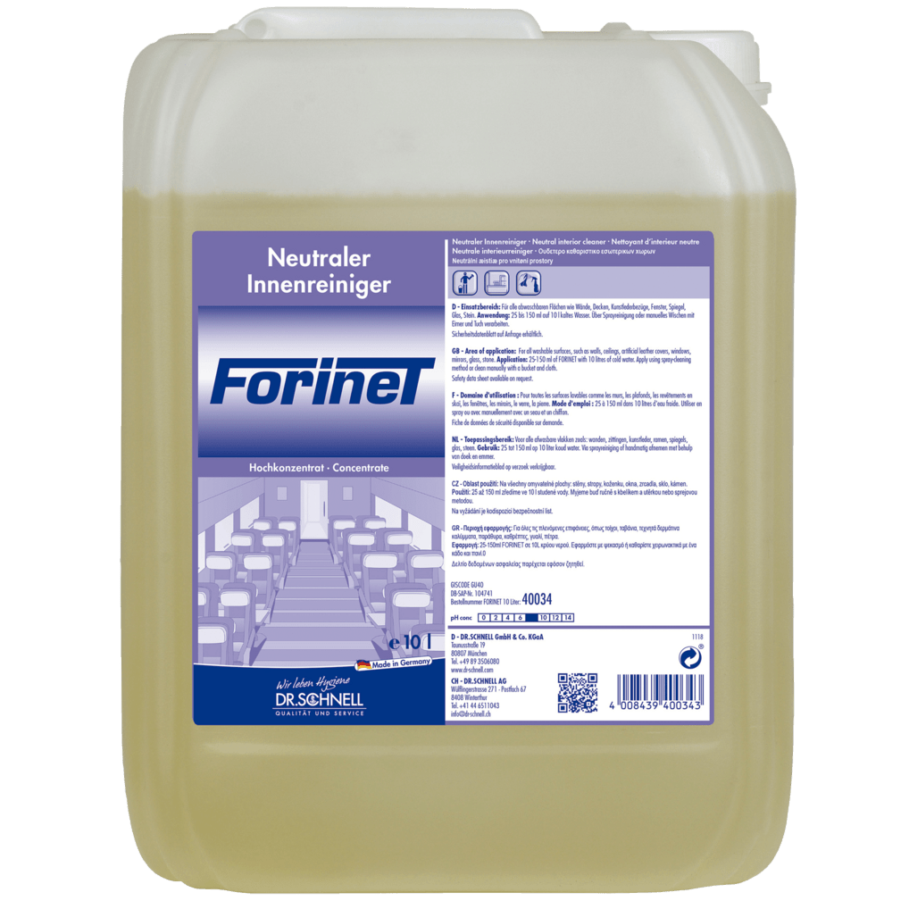 Um recipiente de plástico de 10 litros do Dr. Schnell FORINET Limpeza Interna de Veículos da DR.SCHNELL GmbH & Co. KGaA, com tampa branca e grande etiqueta com instruções de uso, símbolos e imagens para a limpeza interna eficaz de veículos.