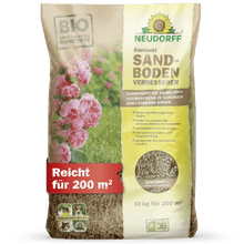 Um saco de 10 kg de Neudorff Shop Bentonit SandbodenVerbesserer cobre 200 m², é ideal para solos arenosos e tem uma embalagem com flores rosa e uma imagem aproximada do conteúdo rico em minerais.