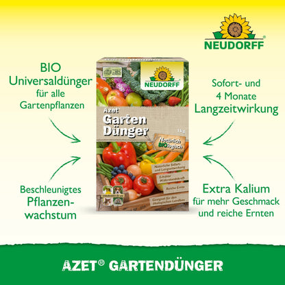 Na imagem, uma caixa de Azet GartenDünger da Neudorff Shop com vegetais, o logotipo da Neudorff e um texto que destaca a versatilidade de uso, o potássio adicional e o fertilizante equilibrado para crescimento mais rápido e jardinagem sustentável.