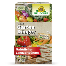 O Azet GartenDünger da Neudorff Shop, um fertilizante completo orgânico com motivos de vegetais, é uma caixa retangular de 1 kg que destaca ingredientes naturais e orgânicos e um efeito de longa duração - ideal para fertilizar plantas.