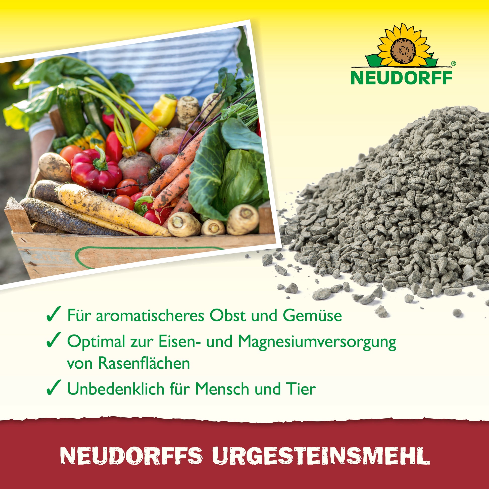Ein Haufen graues Neudorffs UrgesteinsMehl liegt neben einer Holzkiste mit gemischtem Gemüse. Ein deutscher Text hebt seine Vorteile für die Bodenfruchtbarkeit hervor, und das Logo des Neudorff Shops erscheint in der oberen rechten Ecke.