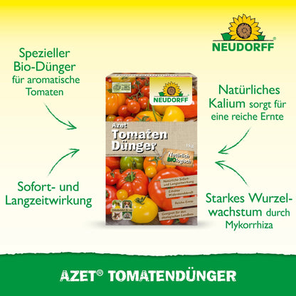 A imagem mostra uma caixa de Azet TomatenDünger da Neudorff Shop com uma fórmula orgânica, ideal para fertilização de tomates, prometendo colheitas abundantes, efeito rápido e duradouro e forte suporte para raízes.