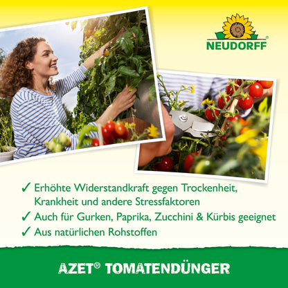 Uma mulher colhe tomates, close das mãos cortando. O texto destaca colheita abundante graças ao Azet TomatenDünger da Neudorff Shop - ideal para fertilizar tomates e adequado para vários vegetais. Logo da Neudorff Shop visível.