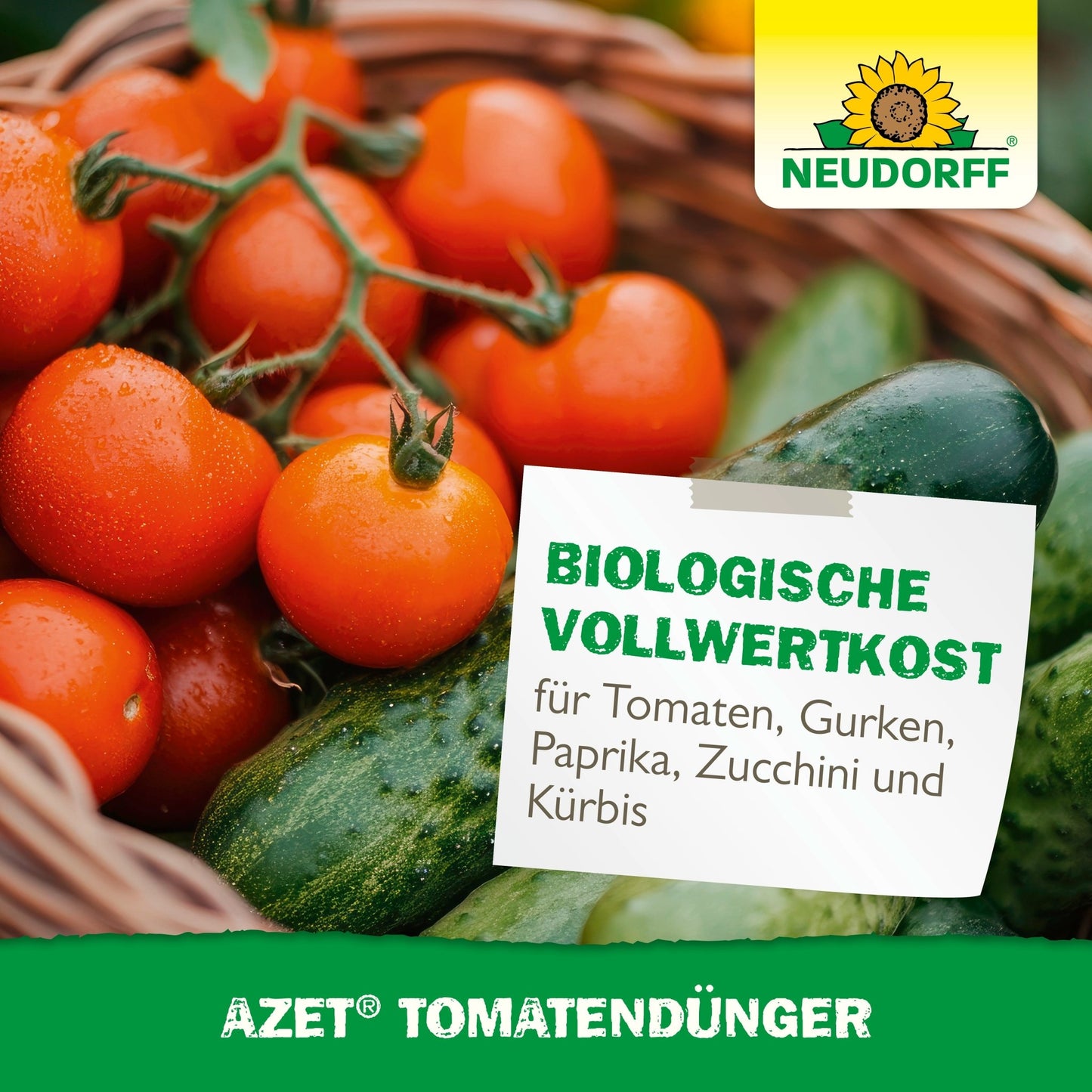 Sob o logo da Neudorff Shop e a inscrição "colheita abundante e fertilizante orgânico completo para tomates, pepinos, pimentões"-Azet TomatenDünger há um cesto de vime cheio de tomates frescos, pepinos e pimentões verdes.