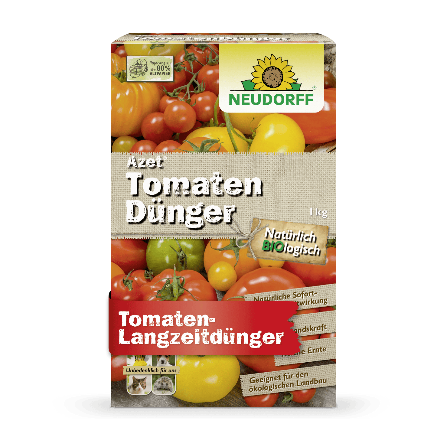 Uma caixa retangular de Azet TomatenDünger da Neudorff Shop com imagens de tomates, marca e texto em alemão destaca a fórmula orgânica para fertilização de longo prazo e colheita abundante de tomates.