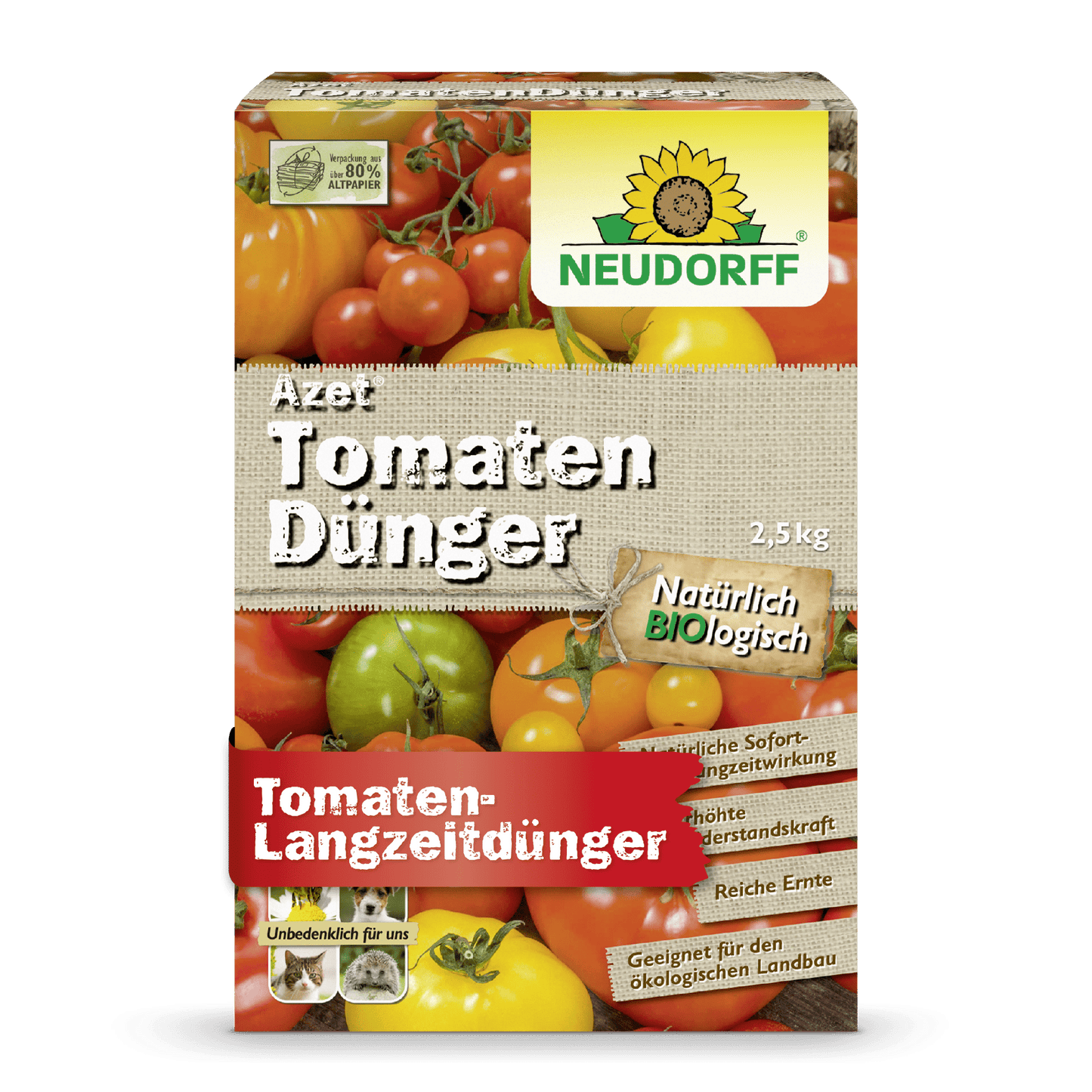 Uma embalagem de 2,5 kg de Azet TomatenDünger da Neudorff Shop mostra tomates e uma flor amarela e anuncia com um texto que promete eficácia de longo prazo para fertilização de tomates e uma colheita abundante.